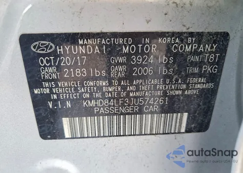 2018 Hyundai Elantra Sel z USA, uszkodzony, nr VIN KMHD84LF3JU574261